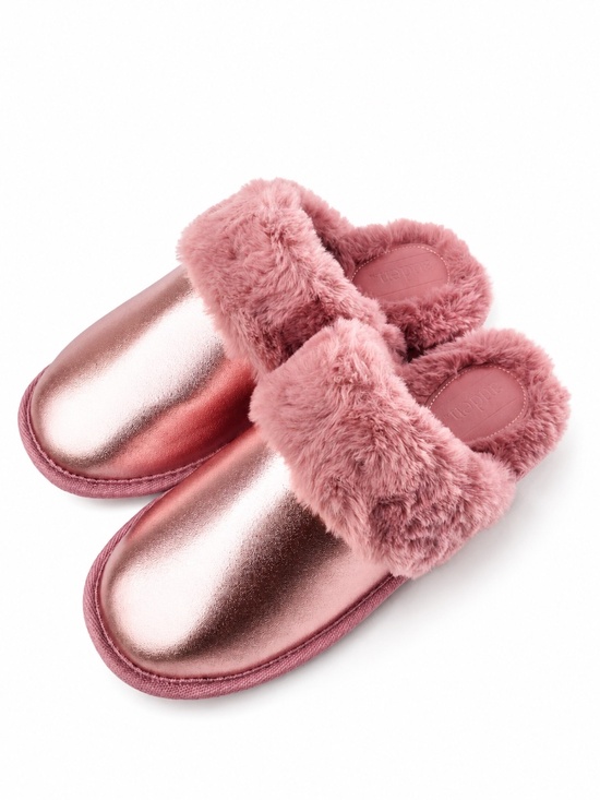 Auden Shoes - Auden Metallic Pink Faux Fur Scuff Slippers Fuzzy Faux Fur Trim Size 9/10 NEW